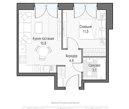  квартира новостройка площадью 35,9 кв.м.
